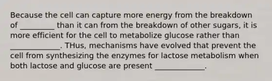 Because the cell can capture more energy from the breakdown of _________ than it can from the breakdown of other sugars, it is more efficient for the cell to metabolize glucose rather than _____________. THus, mechanisms have evolved that prevent the cell from synthesizing the enzymes for lactose metabolism when both lactose and glucose are present _____________.