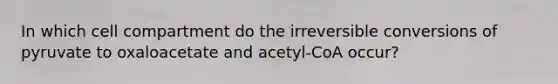 In which cell compartment do the irreversible conversions of pyruvate to oxaloacetate and acetyl-CoA occur?