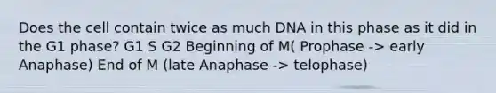 Does the cell contain twice as much DNA in this phase as it did in the G1 phase? G1 S G2 Beginning of M( Prophase -> early Anaphase) End of M (late Anaphase -> telophase)