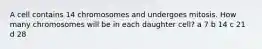 A cell contains 14 chromosomes and undergoes mitosis. How many chromosomes will be in each daughter cell? a 7 b 14 c 21 d 28