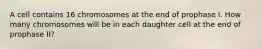 A cell contains 16 chromosomes at the end of prophase I. How many chromosomes will be in each daughter cell at the end of prophase II?
