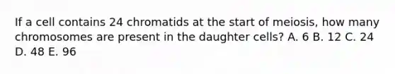 If a cell contains 24 chromatids at the start of meiosis, how many chromosomes are present in the daughter cells? A. 6 B. 12 C. 24 D. 48 E. 96