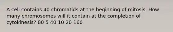 A cell contains 40 chromatids at the beginning of mitosis. How many chromosomes will it contain at the completion of cytokinesis? 80 5 40 10 20 160