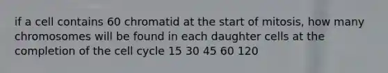 if a cell contains 60 chromatid at the start of mitosis, how many chromosomes will be found in each daughter cells at the completion of the cell cycle 15 30 45 60 120