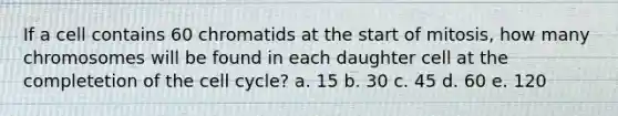 If a cell contains 60 chromatids at the start of mitosis, how many chromosomes will be found in each daughter cell at the completetion of the <a href='https://www.questionai.com/knowledge/keQNMM7c75-cell-cycle' class='anchor-knowledge'>cell cycle</a>? a. 15 b. 30 c. 45 d. 60 e. 120