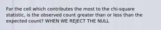 For the cell which contributes the most to the chi-square statistic, is the observed count greater than or less than the expected count? WHEN WE REJECT THE NULL