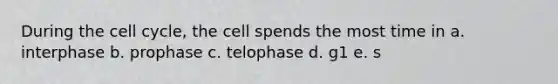 During the <a href='https://www.questionai.com/knowledge/keQNMM7c75-cell-cycle' class='anchor-knowledge'>cell cycle</a>, the cell spends the most time in a. interphase b. prophase c. telophase d. g1 e. s