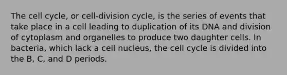 The <a href='https://www.questionai.com/knowledge/keQNMM7c75-cell-cycle' class='anchor-knowledge'>cell cycle</a>, or cell-division cycle, is the series of events that take place in a cell leading to duplication of its DNA and division of cytoplasm and organelles to produce two daughter cells. In bacteria, which lack a <a href='https://www.questionai.com/knowledge/ksZq6y1LRD-cell-nucleus' class='anchor-knowledge'>cell nucleus</a>, the cell cycle is divided into the B, C, and D periods.