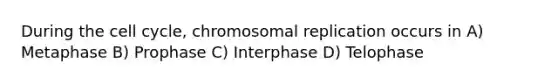 During the cell cycle, chromosomal replication occurs in A) Metaphase B) Prophase C) Interphase D) Telophase