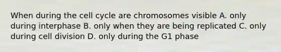 When during the cell cycle are chromosomes visible A. only during interphase B. only when they are being replicated C. only during cell division D. only during the G1 phase