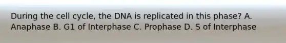 During the cell cycle, the DNA is replicated in this phase? A. Anaphase B. G1 of Interphase C. Prophase D. S of Interphase