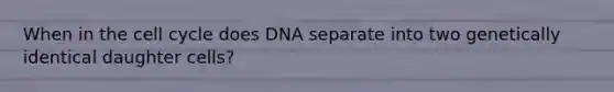 When in the <a href='https://www.questionai.com/knowledge/keQNMM7c75-cell-cycle' class='anchor-knowledge'>cell cycle</a> does DNA separate into two genetically identical daughter cells?