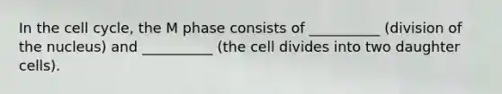 In the cell cycle, the M phase consists of __________ (division of the nucleus) and __________ (the cell divides into two daughter cells).