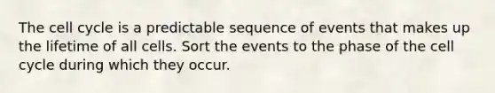 The cell cycle is a predictable sequence of events that makes up the lifetime of all cells. Sort the events to the phase of the cell cycle during which they occur.