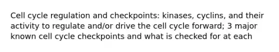 Cell cycle regulation and checkpoints: kinases, cyclins, and their activity to regulate and/or drive the cell cycle forward; 3 major known cell cycle checkpoints and what is checked for at each