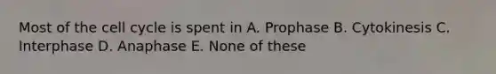 Most of the cell cycle is spent in A. Prophase B. Cytokinesis C. Interphase D. Anaphase E. None of these