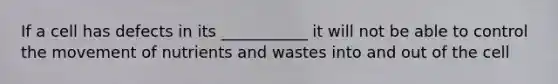 If a cell has defects in its ___________ it will not be able to control the movement of nutrients and wastes into and out of the cell