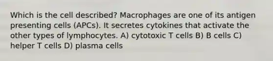 Which is the cell described? Macrophages are one of its antigen presenting cells (APCs). It secretes cytokines that activate the other types of lymphocytes. A) cytotoxic T cells B) B cells C) helper T cells D) plasma cells