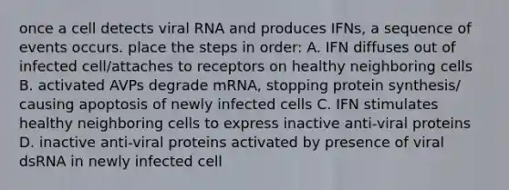 once a cell detects viral RNA and produces IFNs, a sequence of events occurs. place the steps in order: A. IFN diffuses out of infected cell/attaches to receptors on healthy neighboring cells B. activated AVPs degrade mRNA, stopping protein synthesis/ causing apoptosis of newly infected cells C. IFN stimulates healthy neighboring cells to express inactive anti-viral proteins D. inactive anti-viral proteins activated by presence of viral dsRNA in newly infected cell