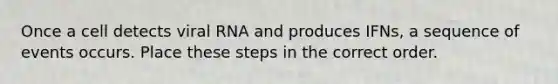 Once a cell detects viral RNA and produces IFNs, a sequence of events occurs. Place these steps in the correct order.