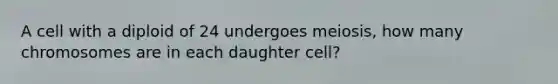 A cell with a diploid of 24 undergoes meiosis, how many chromosomes are in each daughter cell?