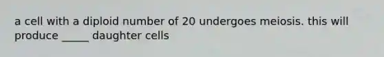 a cell with a diploid number of 20 undergoes meiosis. this will produce _____ daughter cells