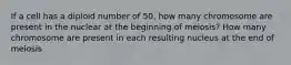 If a cell has a diploid number of 50, how many chromosome are present in the nuclear at the beginning of meiosis? How many chromosome are present in each resulting nucleus at the end of meiosis