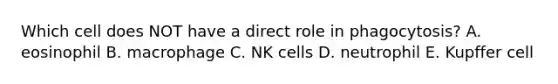 Which cell does NOT have a direct role in phagocytosis? A. eosinophil B. macrophage C. NK cells D. neutrophil E. Kupffer cell