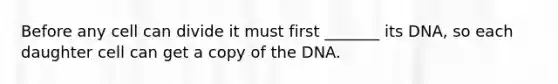 Before any cell can divide it must first _______ its DNA, so each daughter cell can get a copy of the DNA.