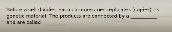 Before a cell divides, each chromosomes replicates (copies) its genetic material. The products are connected by a ___________ and are called __________