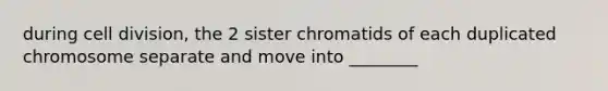 during cell division, the 2 sister chromatids of each duplicated chromosome separate and move into ________