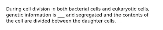 During <a href='https://www.questionai.com/knowledge/kjHVAH8Me4-cell-division' class='anchor-knowledge'>cell division</a> in both bacterial cells and <a href='https://www.questionai.com/knowledge/kb526cpm6R-eukaryotic-cells' class='anchor-knowledge'>eukaryotic cells</a>, genetic information is ___ and segregated and the contents of the cell are divided between the daughter cells.