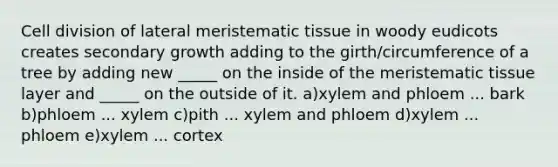 <a href='https://www.questionai.com/knowledge/kjHVAH8Me4-cell-division' class='anchor-knowledge'>cell division</a> of lateral <a href='https://www.questionai.com/knowledge/kh2R1rHa5M-meristematic-tissue' class='anchor-knowledge'>meristematic tissue</a> in woody eudicots creates secondary growth adding to the girth/circumference of a tree by adding new _____ on the inside of the meristematic tissue layer and _____ on the outside of it. a)xylem and phloem ... bark b)phloem ... xylem c)pith ... xylem and phloem d)xylem ... phloem e)xylem ... cortex