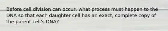 Before cell division can occur, what process must happen to the DNA so that each daughter cell has an exact, complete copy of the parent cell's DNA?