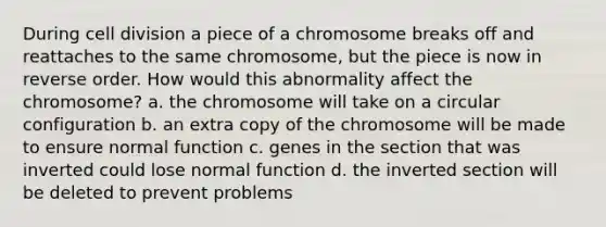 During cell division a piece of a chromosome breaks off and reattaches to the same chromosome, but the piece is now in reverse order. How would this abnormality affect the chromosome? a. the chromosome will take on a circular configuration b. an extra copy of the chromosome will be made to ensure normal function c. genes in the section that was inverted could lose normal function d. the inverted section will be deleted to prevent problems