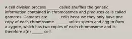 A cell division process ______ called shuffles the genetic information contained in chromosomes and produces cells called gametes. Gametes are ______ cells because they only have one copy of each chromosome. ______ unites sperm and egg to form a zygote, which has two copies of each chromosome and is therefore a(n) ______ cell.