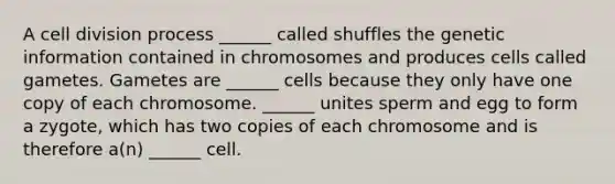 A cell division process ______ called shuffles the genetic information contained in chromosomes and produces cells called gametes. Gametes are ______ cells because they only have one copy of each chromosome. ______ unites sperm and egg to form a zygote, which has two copies of each chromosome and is therefore a(n) ______ cell.