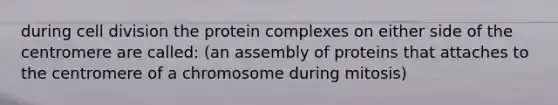 during cell division the protein complexes on either side of the centromere are called: (an assembly of proteins that attaches to the centromere of a chromosome during mitosis)