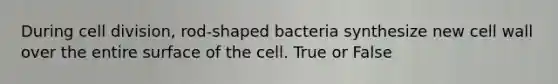 During cell division, rod-shaped bacteria synthesize new cell wall over the entire surface of the cell. True or False