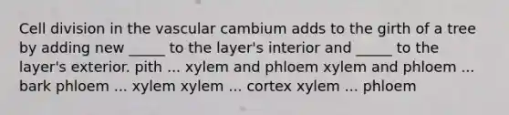 <a href='https://www.questionai.com/knowledge/kjHVAH8Me4-cell-division' class='anchor-knowledge'>cell division</a> in the vascular cambium adds to the girth of a tree by adding new _____ to the layer's interior and _____ to the layer's exterior. pith ... xylem and phloem xylem and phloem ... bark phloem ... xylem xylem ... cortex xylem ... phloem