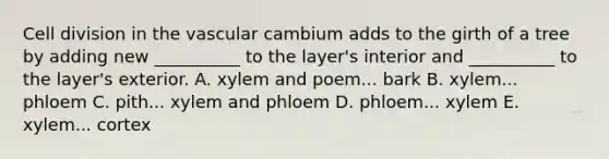 Cell division in the vascular cambium adds to the girth of a tree by adding new __________ to the layer's interior and __________ to the layer's exterior. A. xylem and poem... bark B. xylem... phloem C. pith... xylem and phloem D. phloem... xylem E. xylem... cortex