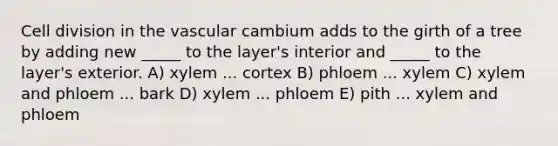 Cell division in the vascular cambium adds to the girth of a tree by adding new _____ to the layer's interior and _____ to the layer's exterior. A) xylem ... cortex B) phloem ... xylem C) xylem and phloem ... bark D) xylem ... phloem E) pith ... xylem and phloem