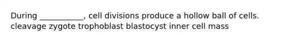 During ___________, cell divisions produce a hollow ball of cells. cleavage zygote trophoblast blastocyst inner cell mass