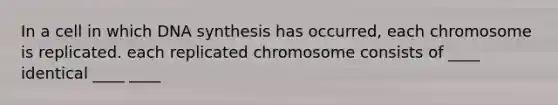 In a cell in which DNA synthesis has occurred, each chromosome is replicated. each replicated chromosome consists of ____ identical ____ ____