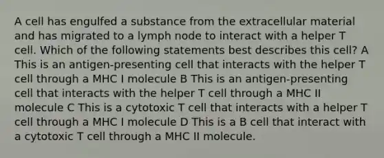 A cell has engulfed a substance from the extracellular material and has migrated to a lymph node to interact with a helper T cell. Which of the following statements best describes this cell? A This is an antigen-presenting cell that interacts with the helper T cell through a MHC I molecule B This is an antigen-presenting cell that interacts with the helper T cell through a MHC II molecule C This is a cytotoxic T cell that interacts with a helper T cell through a MHC I molecule D This is a B cell that interact with a cytotoxic T cell through a MHC II molecule.