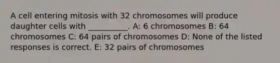 A cell entering mitosis with 32 chromosomes will produce daughter cells with __________. A: 6 chromosomes B: 64 chromosomes C: 64 pairs of chromosomes D: None of the listed responses is correct. E: 32 pairs of chromosomes