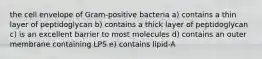 the cell envelope of Gram-positive bacteria a) contains a thin layer of peptidoglycan b) contains a thick layer of peptidoglycan c) is an excellent barrier to most molecules d) contains an outer membrane containing LPS e) contains lipid-A