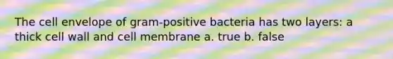 The cell envelope of gram-positive bacteria has two layers: a thick cell wall and cell membrane a. true b. false