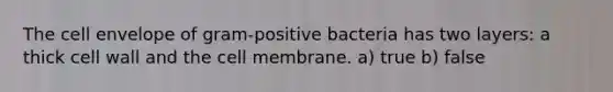 The cell envelope of gram-positive bacteria has two layers: a thick cell wall and the cell membrane. a) true b) false