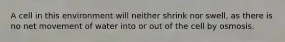 A cell in this environment will neither shrink nor swell, as there is no net movement of water into or out of the cell by osmosis.